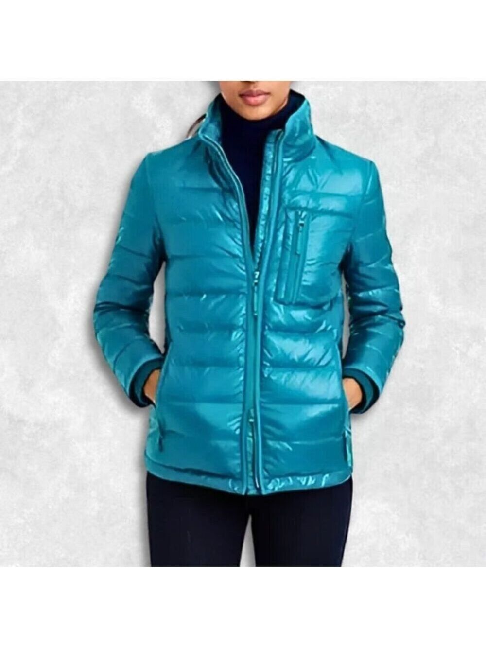 J.Crew Puffer Down Filled Jacket Quilted Full Zip Front Rib-Knit Cuffs Teal W S